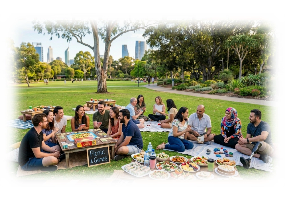 Lots of diverse people having a picnic in the park